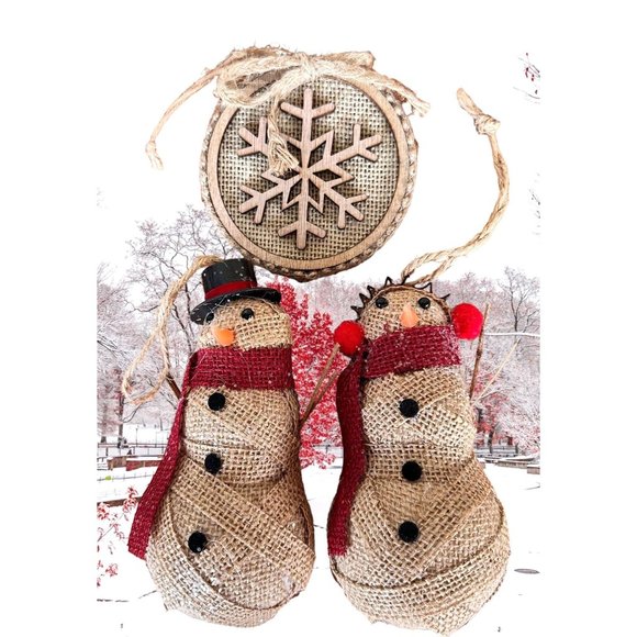 Vintage Handmade Snowflake Mr Mrs Snowman Ornaments Set of 3 Burlap One … - Picture 1 of 12